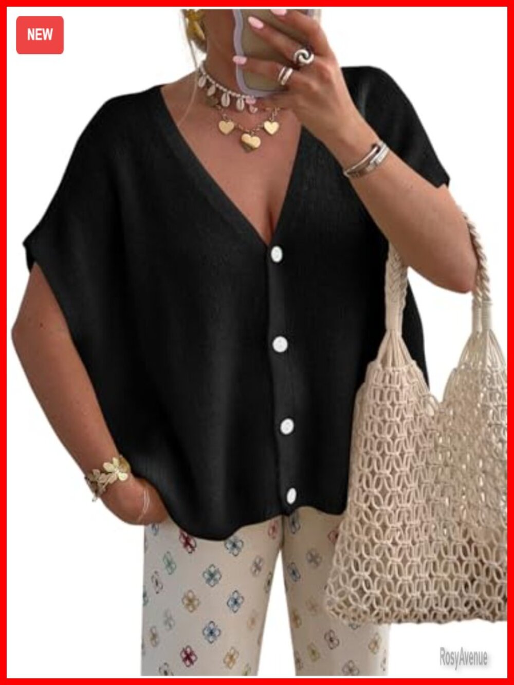 Oversized Button Up Cardigan Short Sleeve V Neck Batwing Sweater